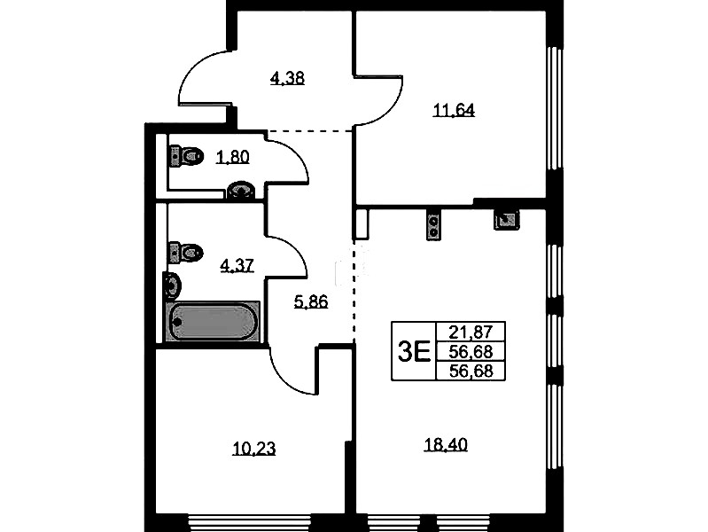 2-комнатная квартира 56.68 м², 1/11 эт., ЖК «Новое Колпино»
